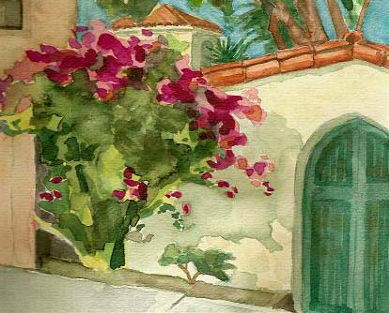 watercolor painting of a street on Catalina Island with bougainvillea